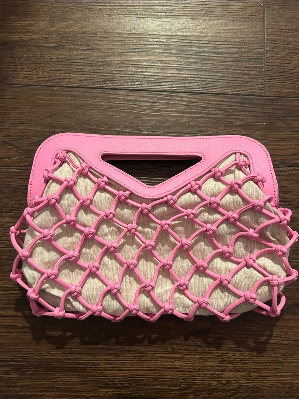 Pink Knotted Net Canvas Clutch Handbag